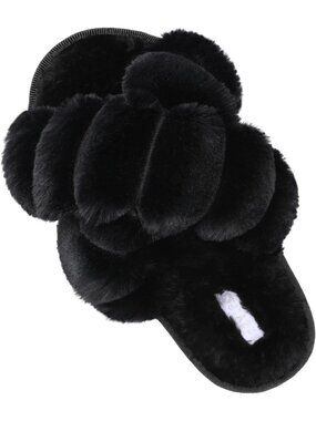 Women's Black Twist Fuzzy Fluffy House Criss Cross Furry Open Toe Slipper Shoes